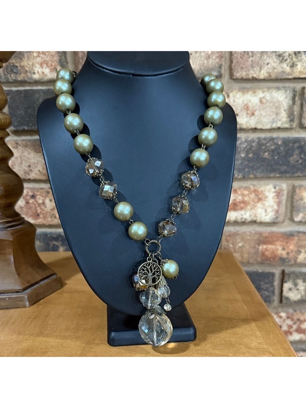 Light Amber Crystal & Green Iridescent Faux Pearl Necklace Tree Of Life Charm
